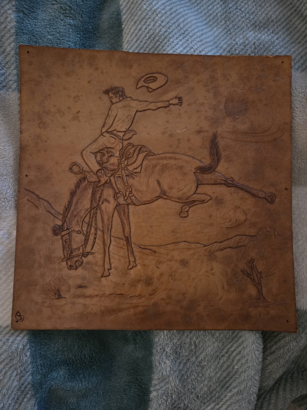 Vintage Leather Tooled Rodeo Bucking Bronco Wall Art 9"x9"
